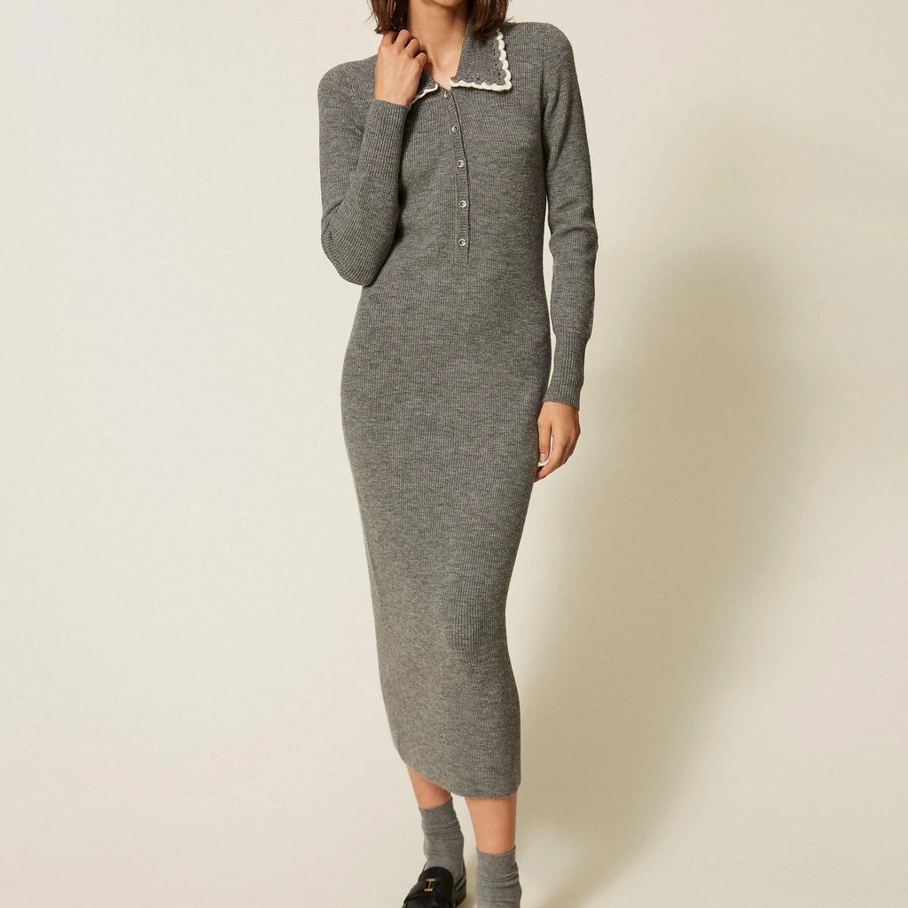 Contrast lace collar long sleeve knit bodycon midi dress