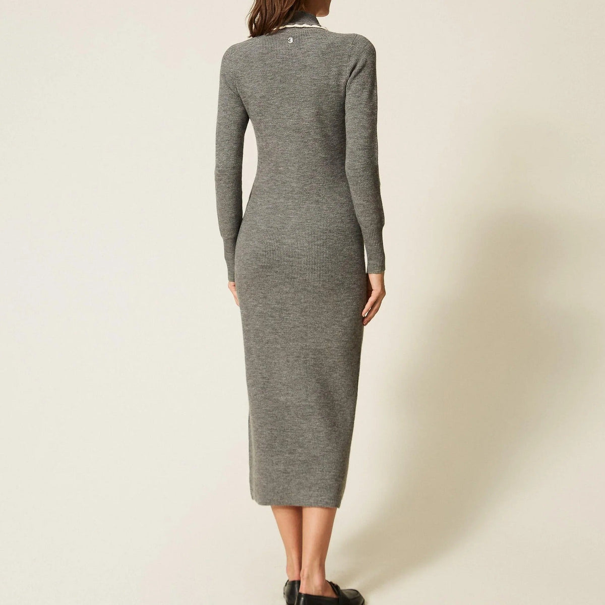 Contrast lace collar long sleeve knit bodycon midi dress