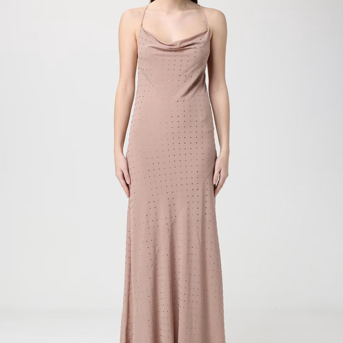 Dusty pink satin finish maxi slip dress with crisscross open back