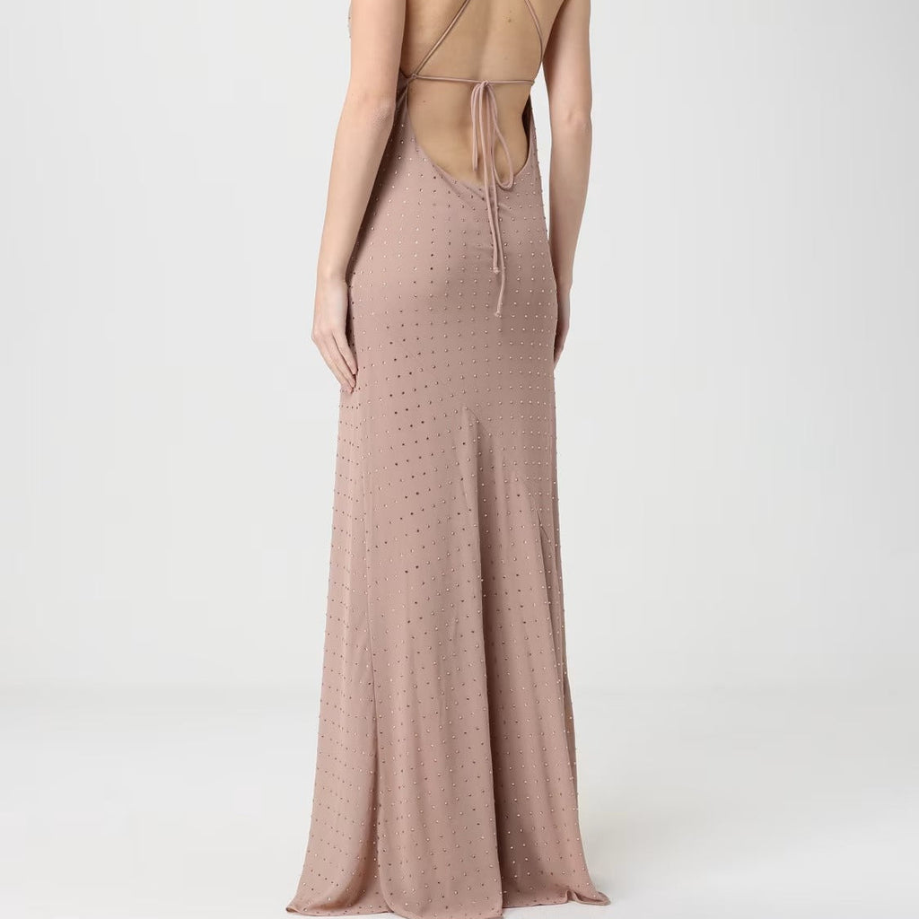Dusty pink satin finish maxi slip dress with crisscross open back
