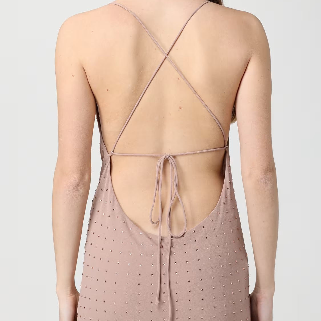Dusty pink satin finish maxi slip dress with crisscross open back