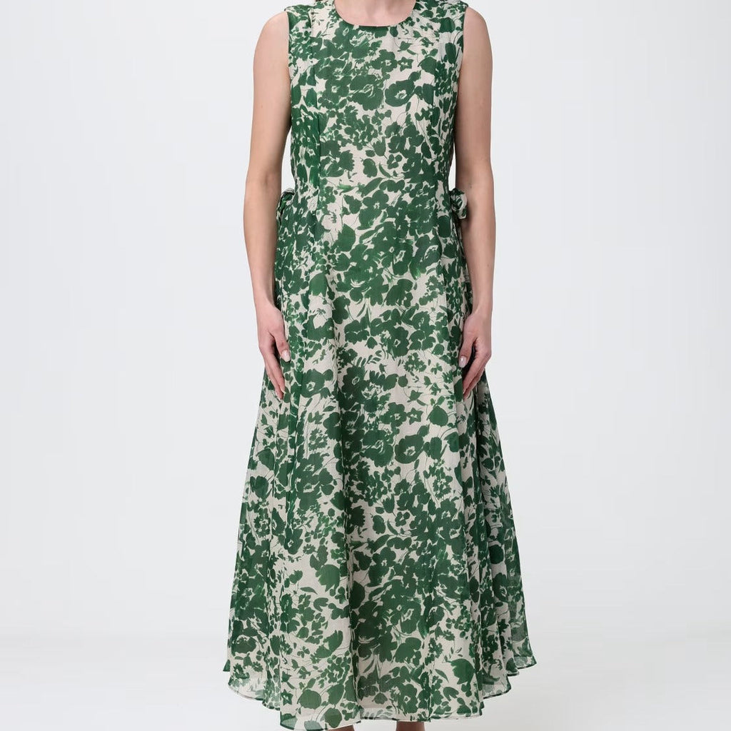 Green printed V neck sleeveless maxi dress