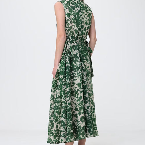 Green printed V neck sleeveless maxi dress