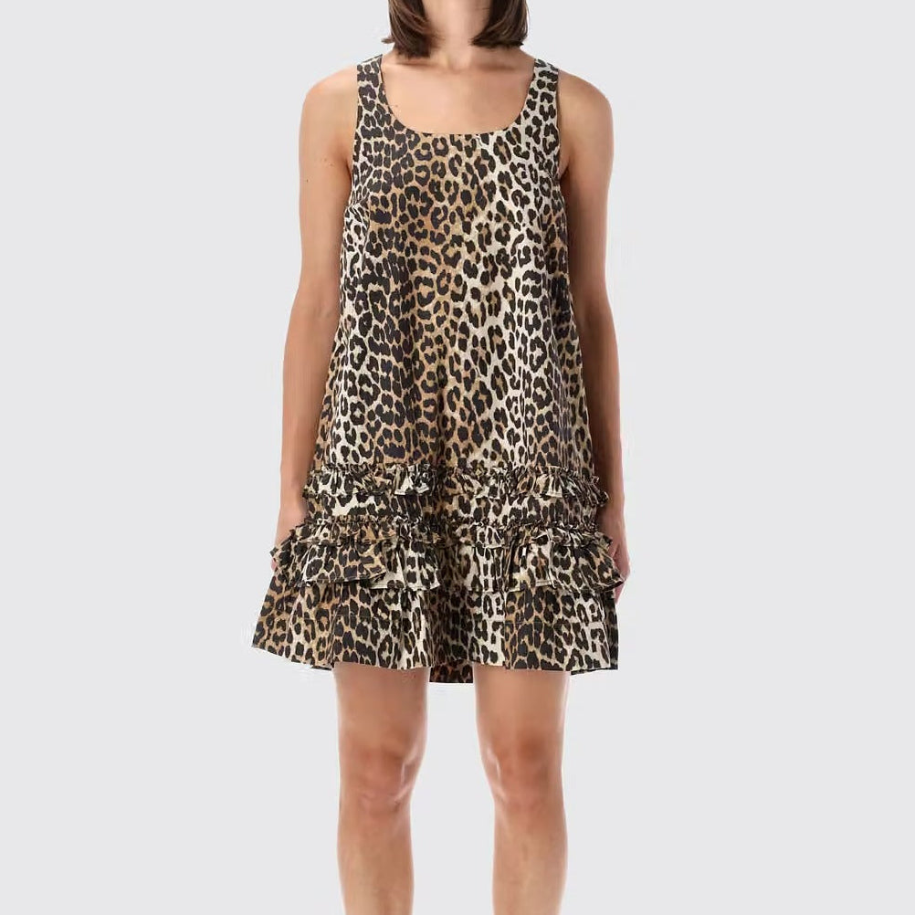 Leopard print u neck sleeveless ruffle mini dress