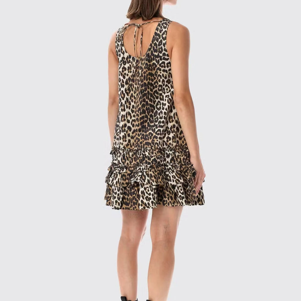 Leopard print u neck sleeveless ruffle mini dress