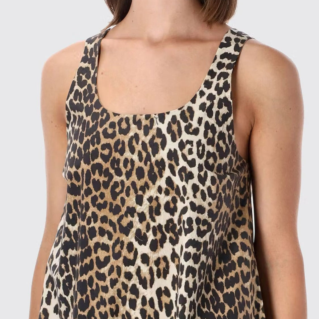 Leopard print u neck sleeveless ruffle mini dress