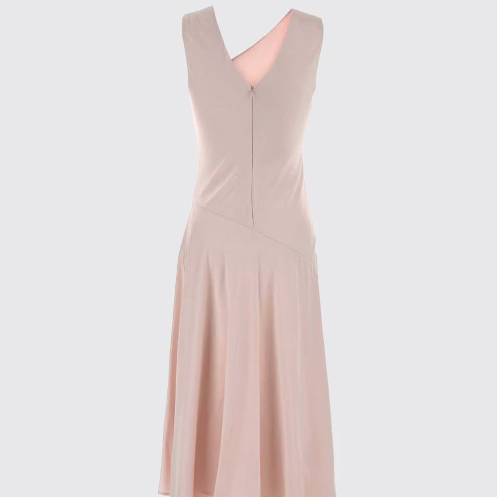 Sleeveless V neck open back asymmetric midi dress