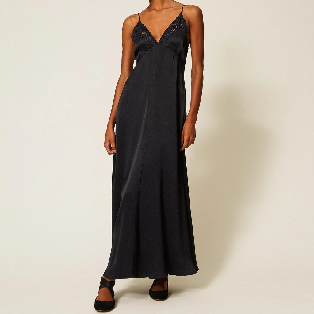 V neck lace trim slip flowy maxi dress