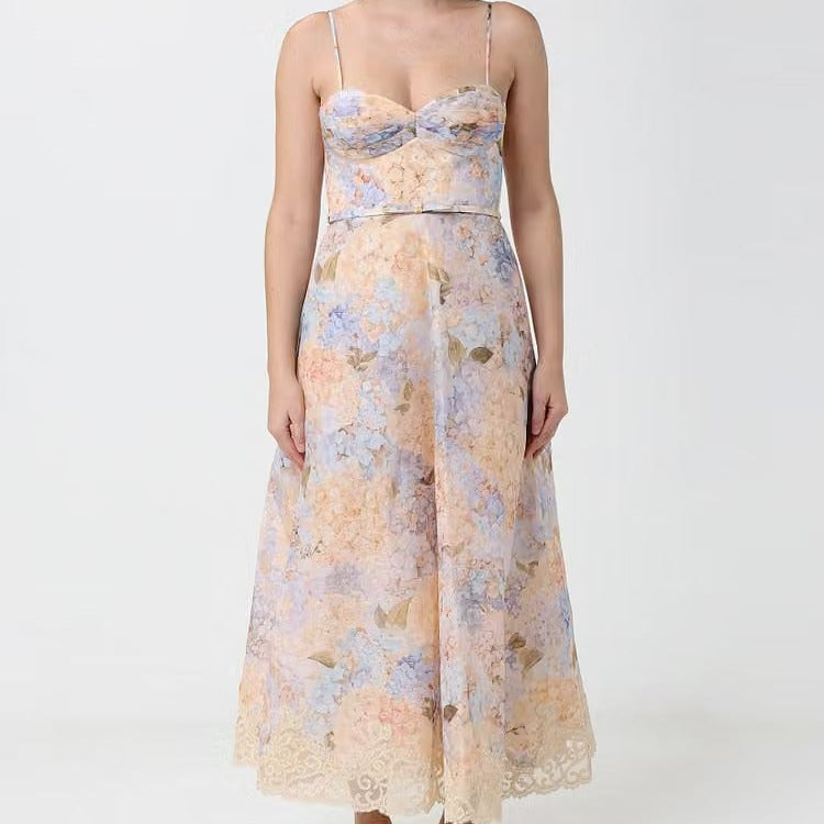 Watercolor floral sweetheart neck midi slip dress