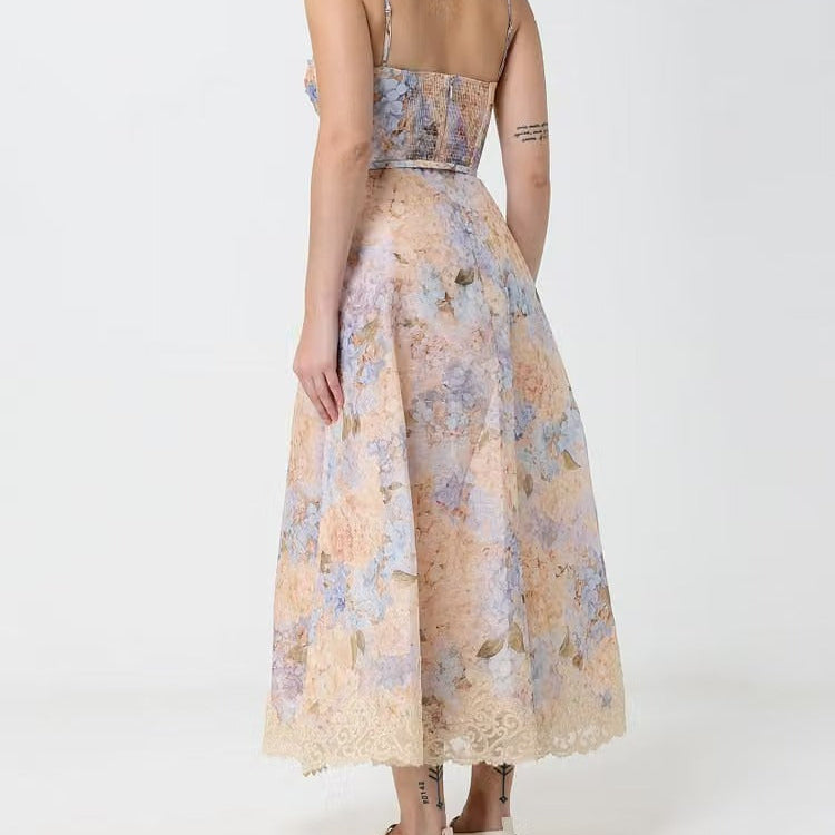 Watercolor floral sweetheart neck midi slip dress