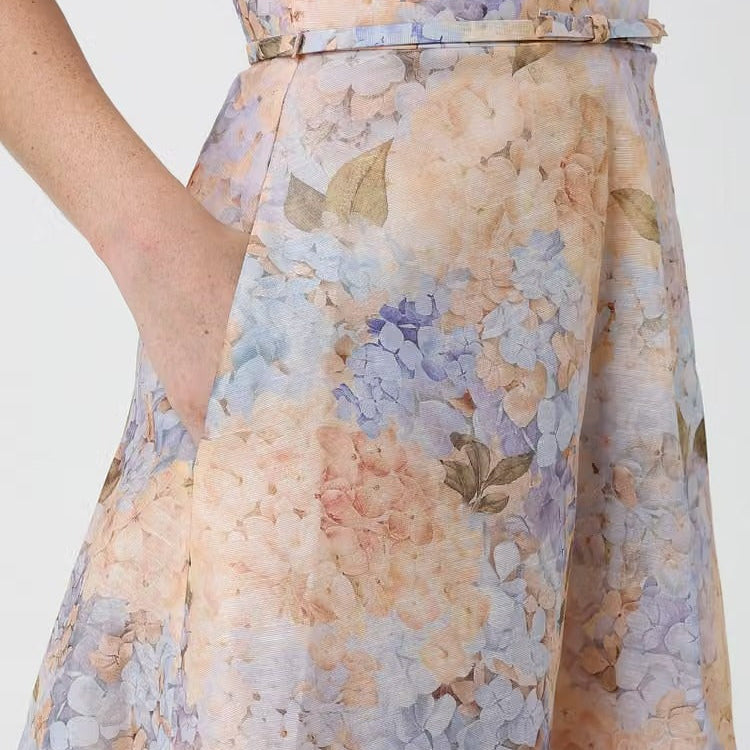 Watercolor floral sweetheart neck midi slip dress